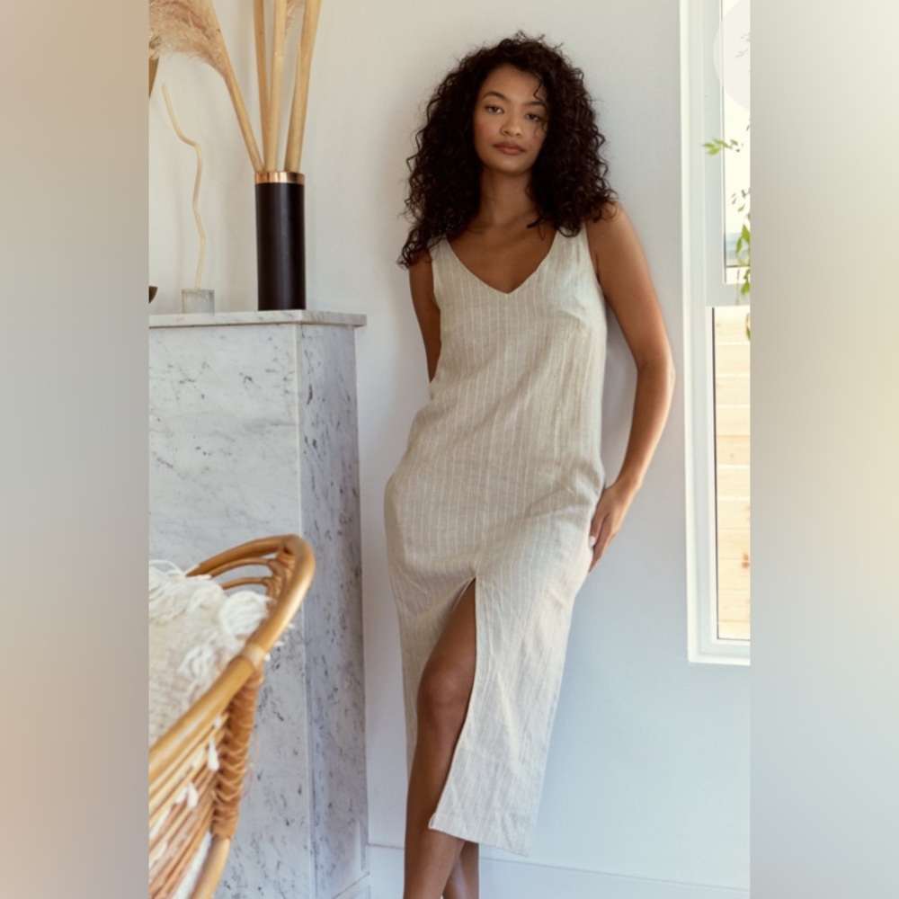 Whimsy + Row Luna dress in stripe beige linen, M